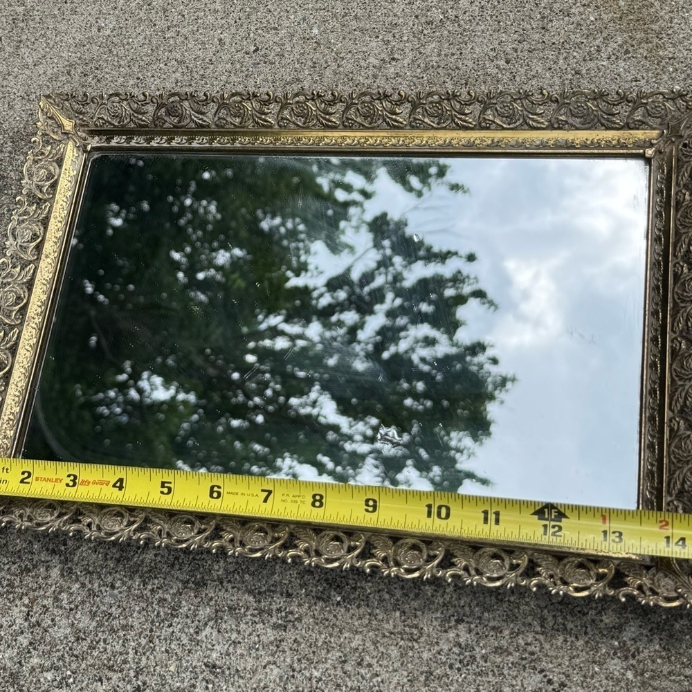 Vintage Estate Ornate Brass Footed Mirrored Vanity Tray - Picture 6 of 11